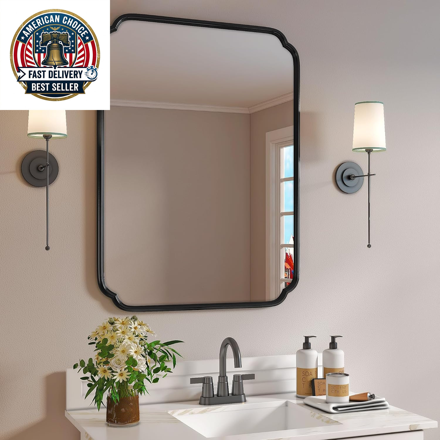 Black Bathroom Vanity Mirrors for over Sink 24″ X 36″ Modern Rounded Corner Rect