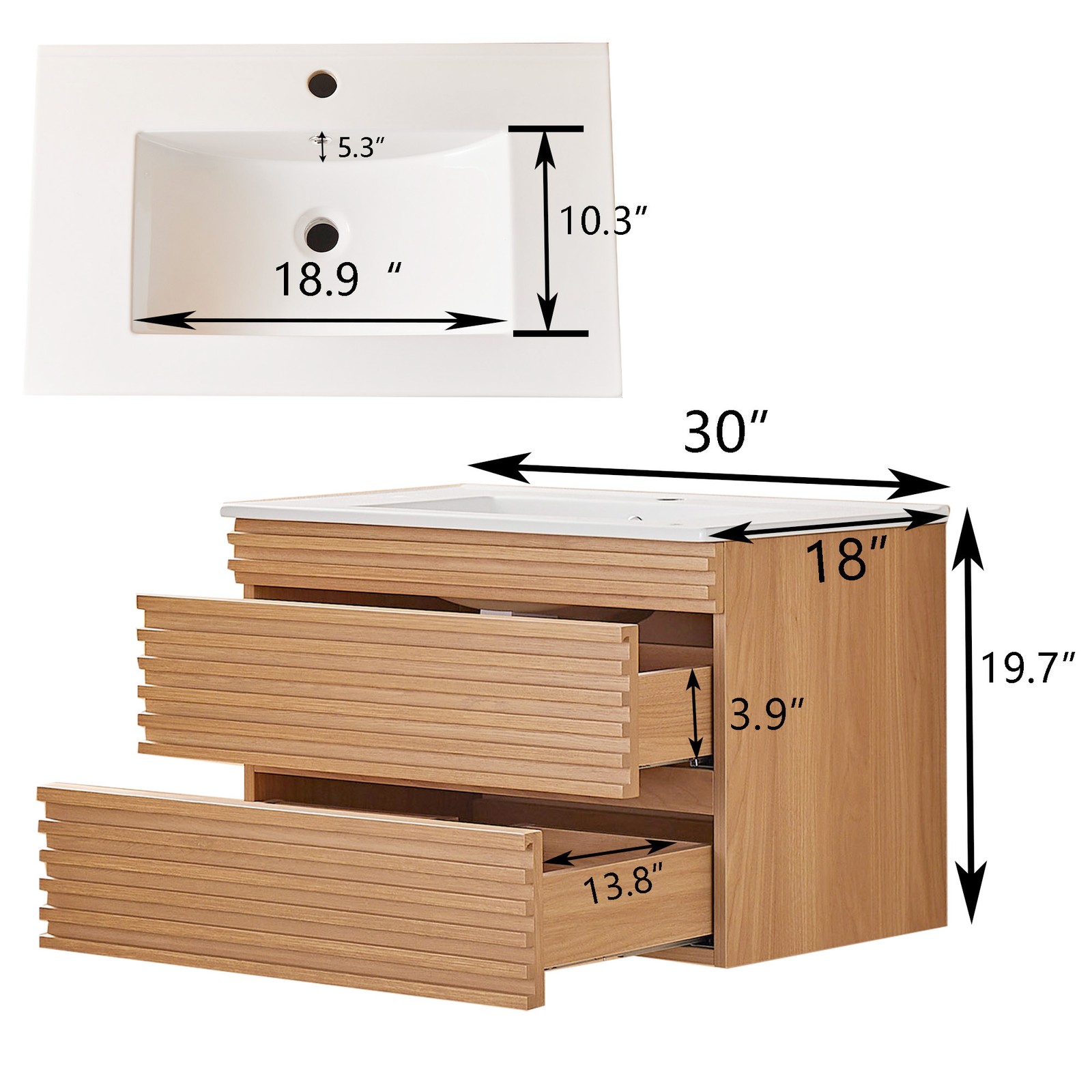 30″ Wooden Floating Bathroom Vanity W/ Ceramic Sink Wall Mounted Undermount Sink