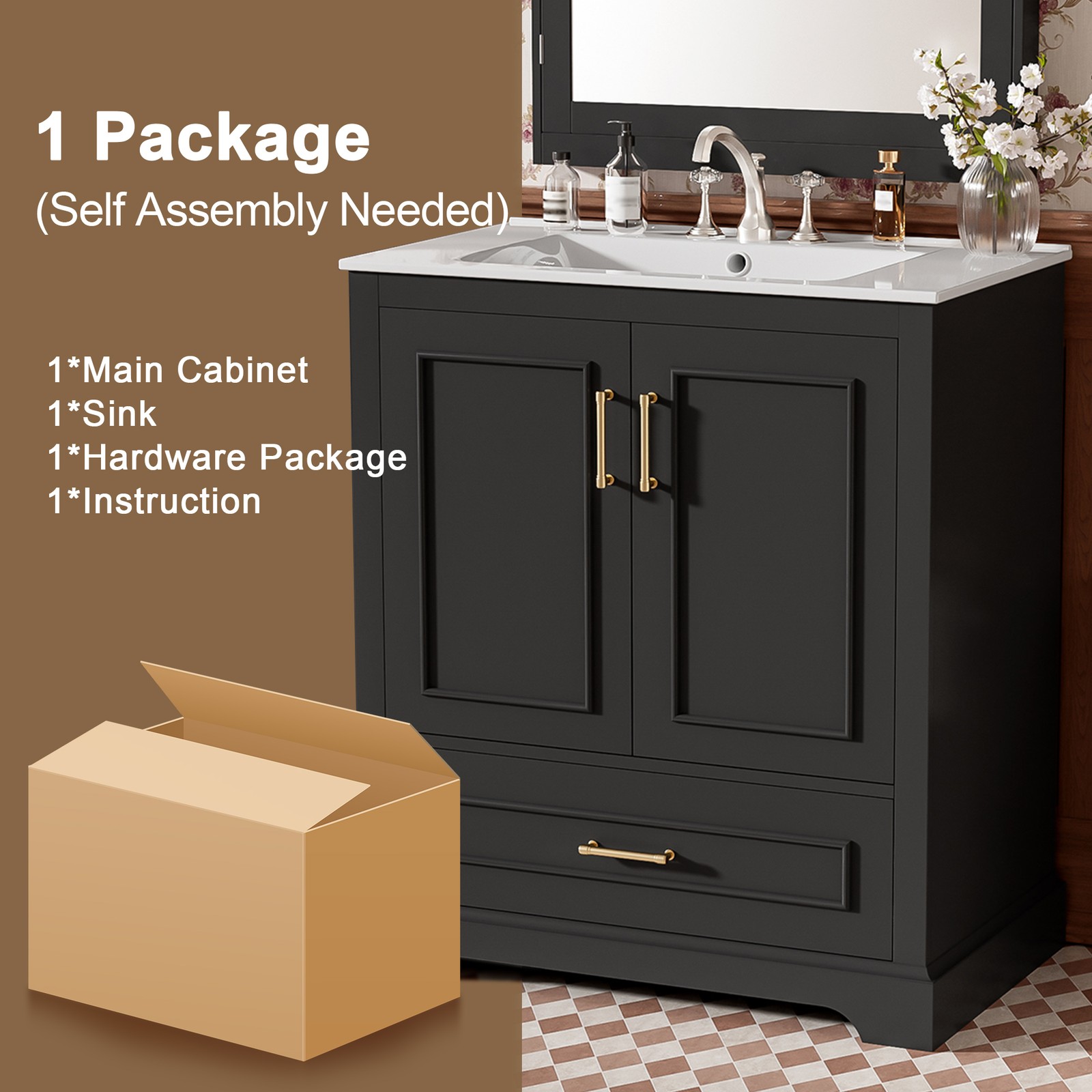 30″ Bathroom Vanity w/ Sink, Black, Soft-Close Doors & Drawer, Solid Wood+MDF