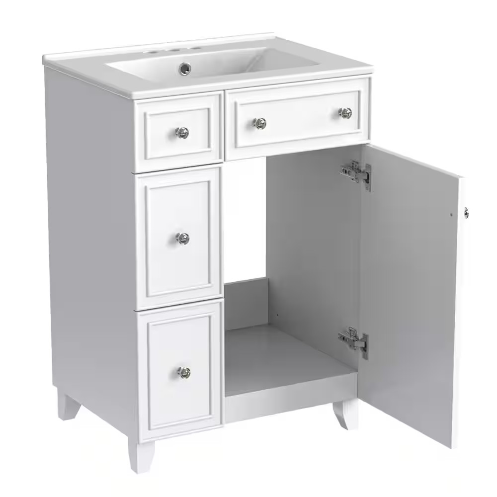 24 In. W Single Sink Freestanding Bath Vanity in White with White Ceramic Top an