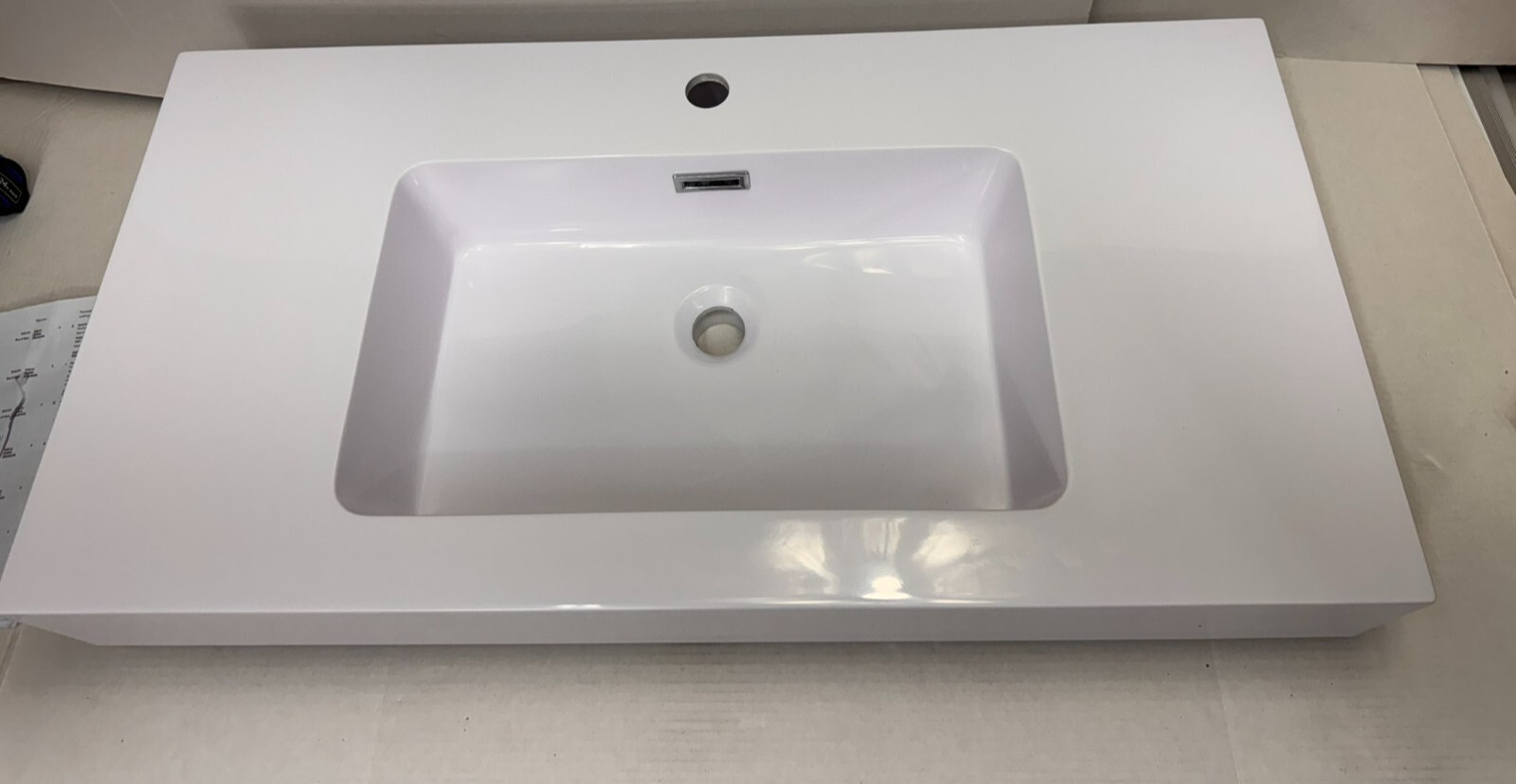 36 inch Integrated solid surface basin drain and faucet not included, glossy