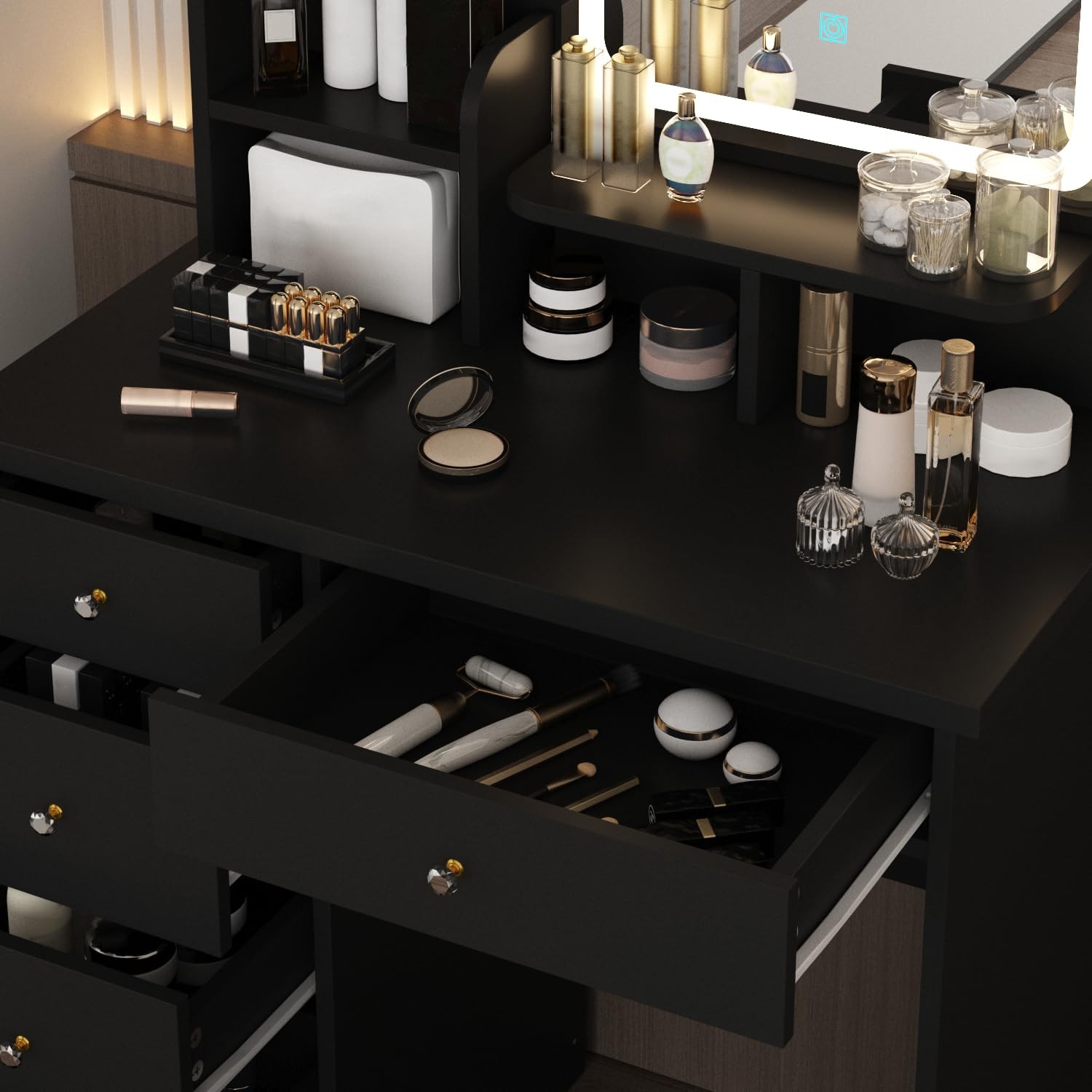 Makeup Vanity Set with Lighted Mirror 5 Drawers Dressing Table Stool Black