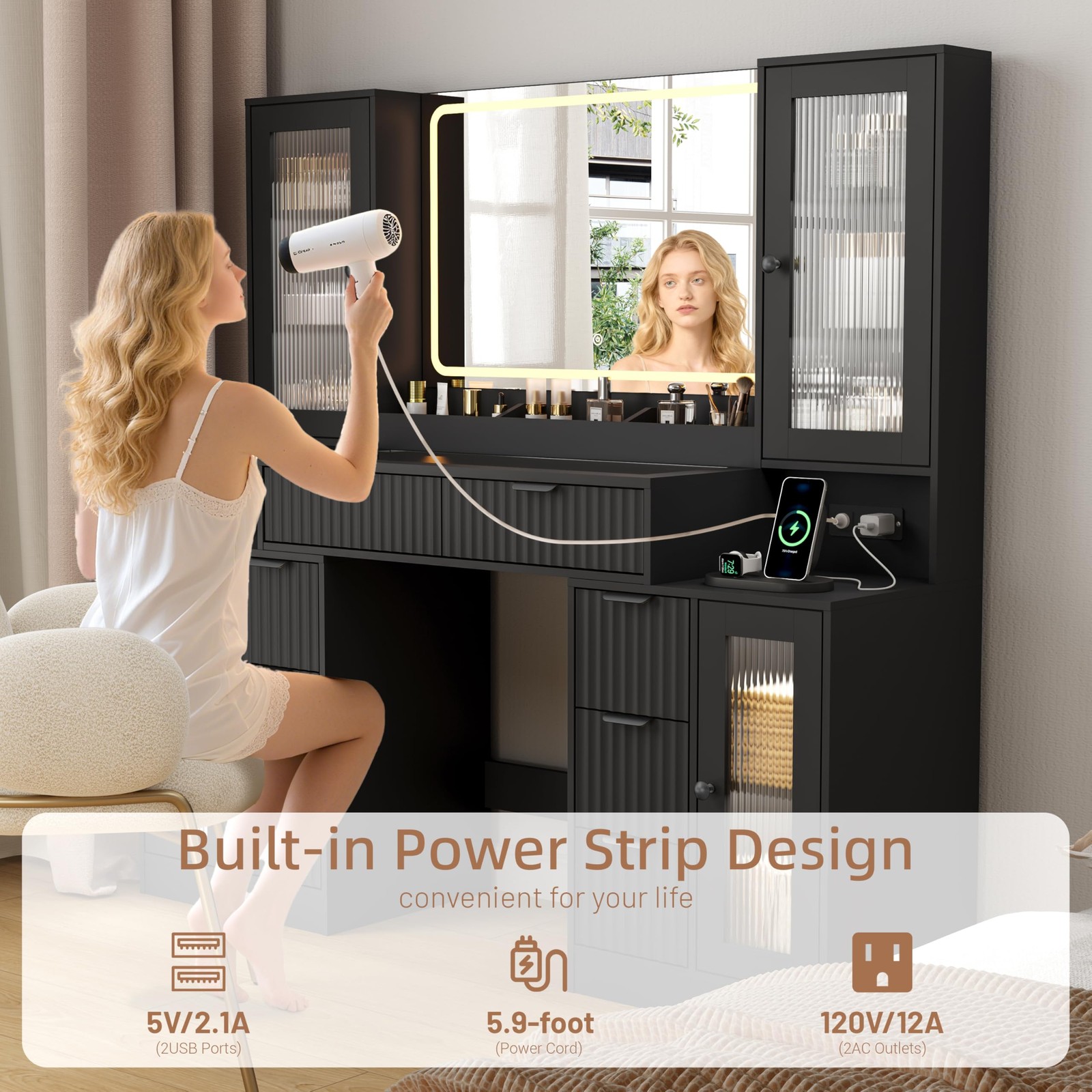 55 Vanity Desk with Mirror Lights 8 Drawers Tempered Glass RGB Charging Station