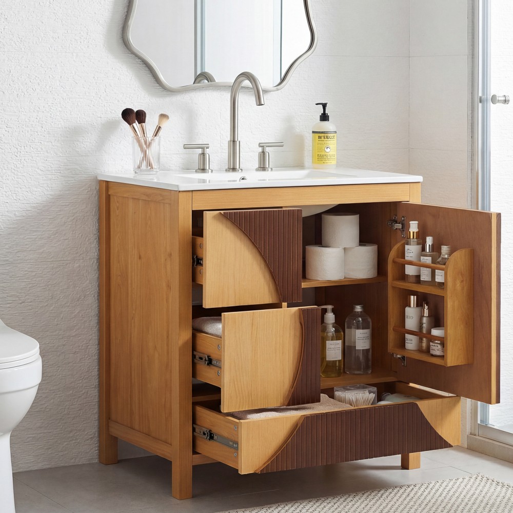 30 Inch Mid Century Freestanding Bathroom Vanity with Ceramic Sink Solid Wood