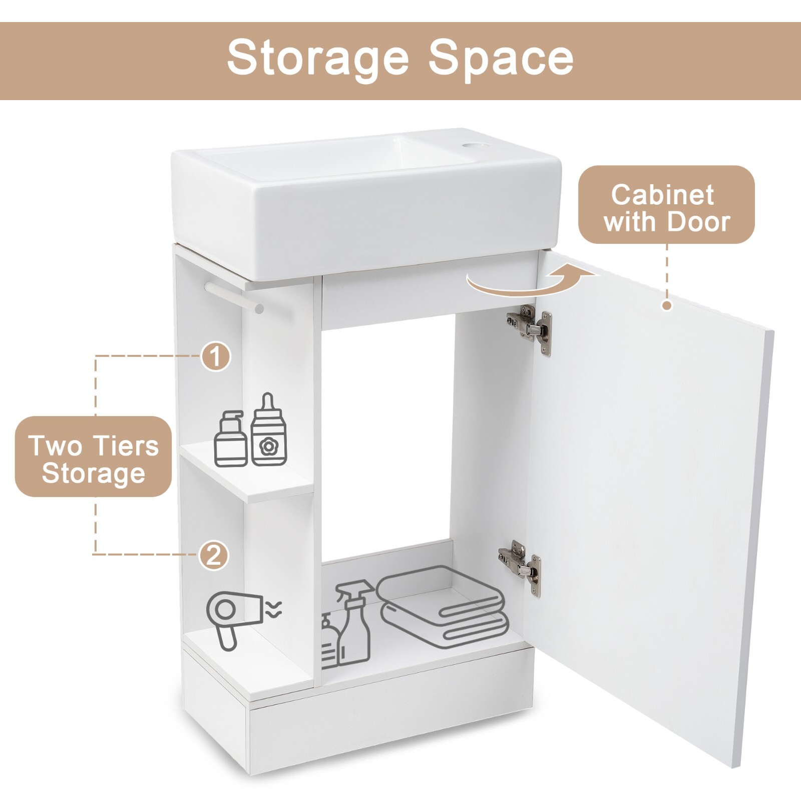 Wooden 18.6″ Bathroom Vanity Cabinet with Ceramic Sink Storage Shelf Tissue Rack