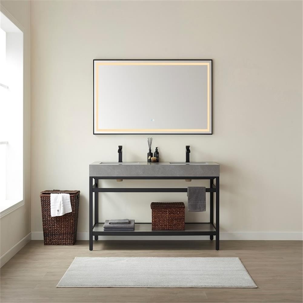 Funes 60″ Double Sink Bathroom Vanity in Matte Black Frame Gray Top w/ Mirror