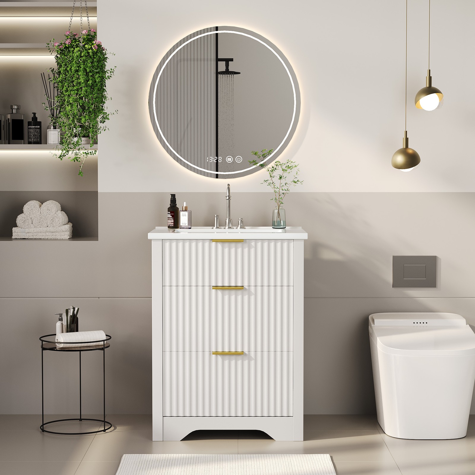 24” Fluted Bathroom Vanity w/Sink, Farmhouse Freestanding Bathroom Sink Cabinet