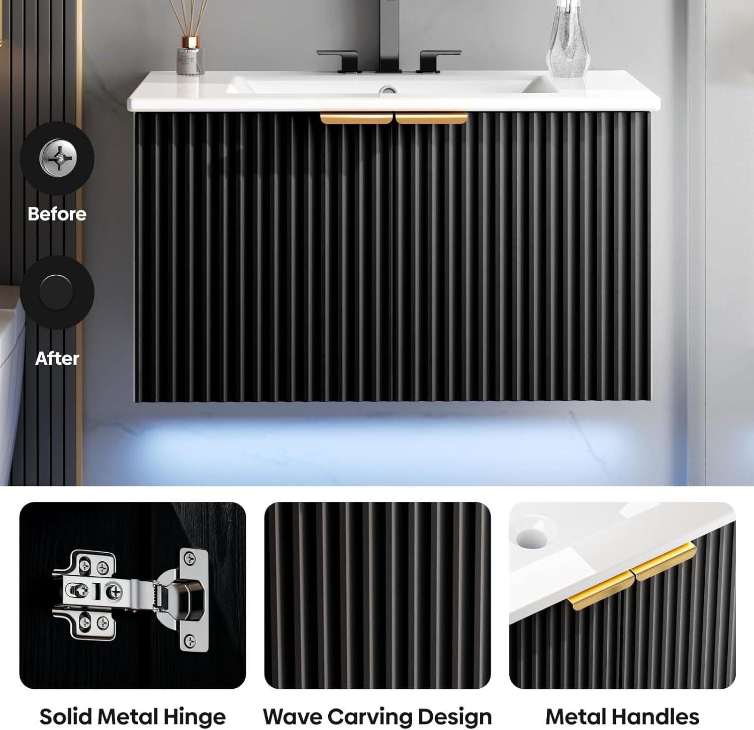 30″ Bathroom Vanity W/ Sink Modern Wall Mounted Floating Vanity Cabinet Modern