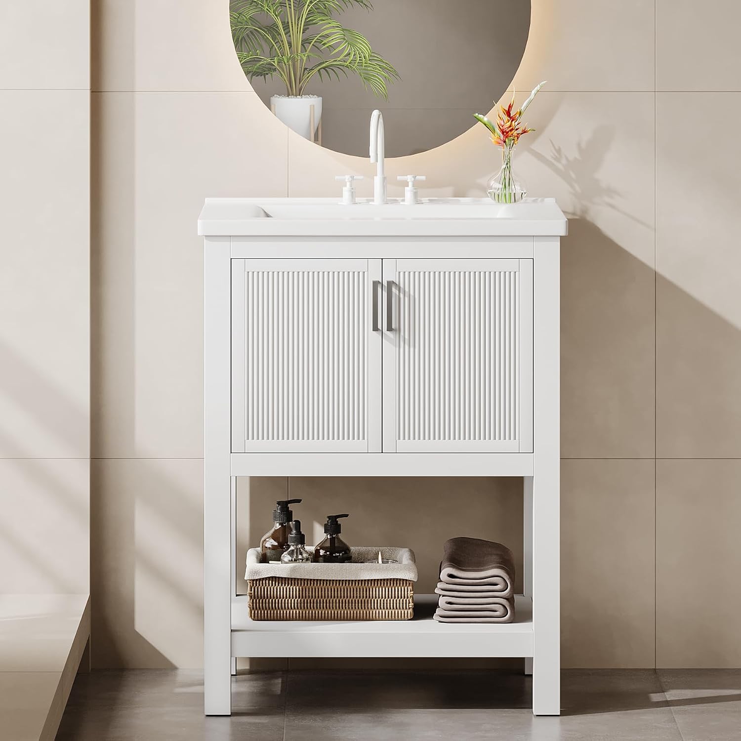 24inch Modern Bathroom Vanity Cabinet Storage with Sink Combo with 2 Doors White