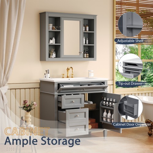 36” Blue Bathroom Vanity w/ Sink & Mirror Cabinet Storage Soft Close Doors