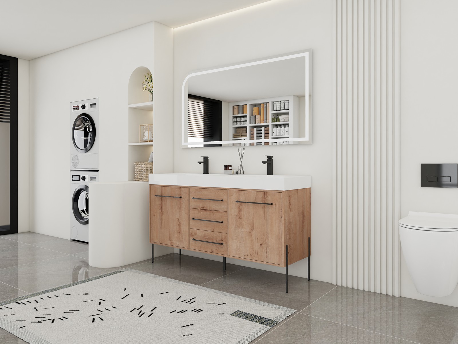 60 in Freestanding Bathroom Vanity White Double Resin Sink 2 Doors 3 Drawers