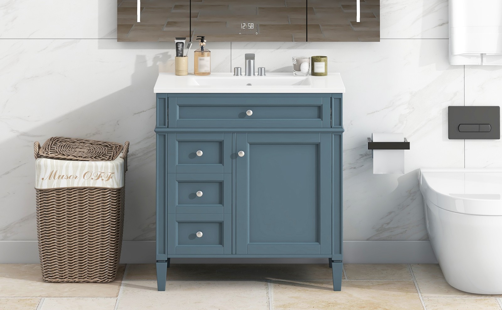 30″ Bathroom Vanity with Top Sink, 2 Drawers & Tip-Out Drawer