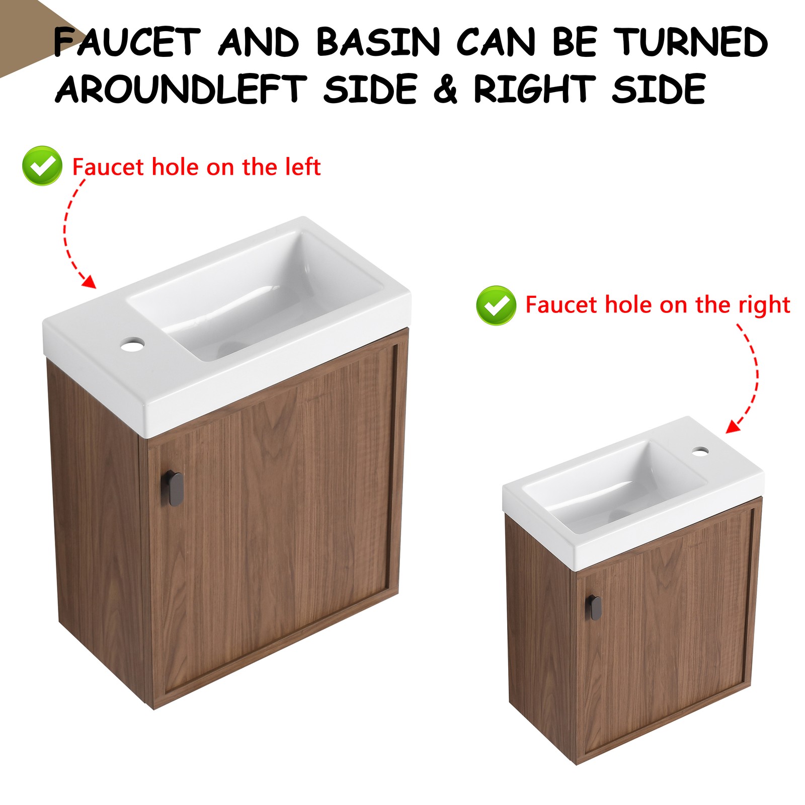 18.5″ Walnut Wall Mounted Floating Bathroom Vanity W/ Door Storage W/ Resin Sink