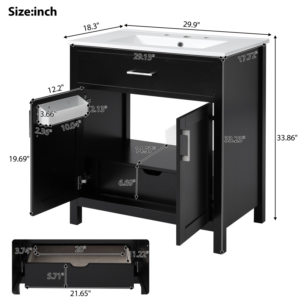 NEW 30″ Bathroom Vanity Ceramic Sink Soft Close 2 Doors 1 Drawer Storage Cabinet