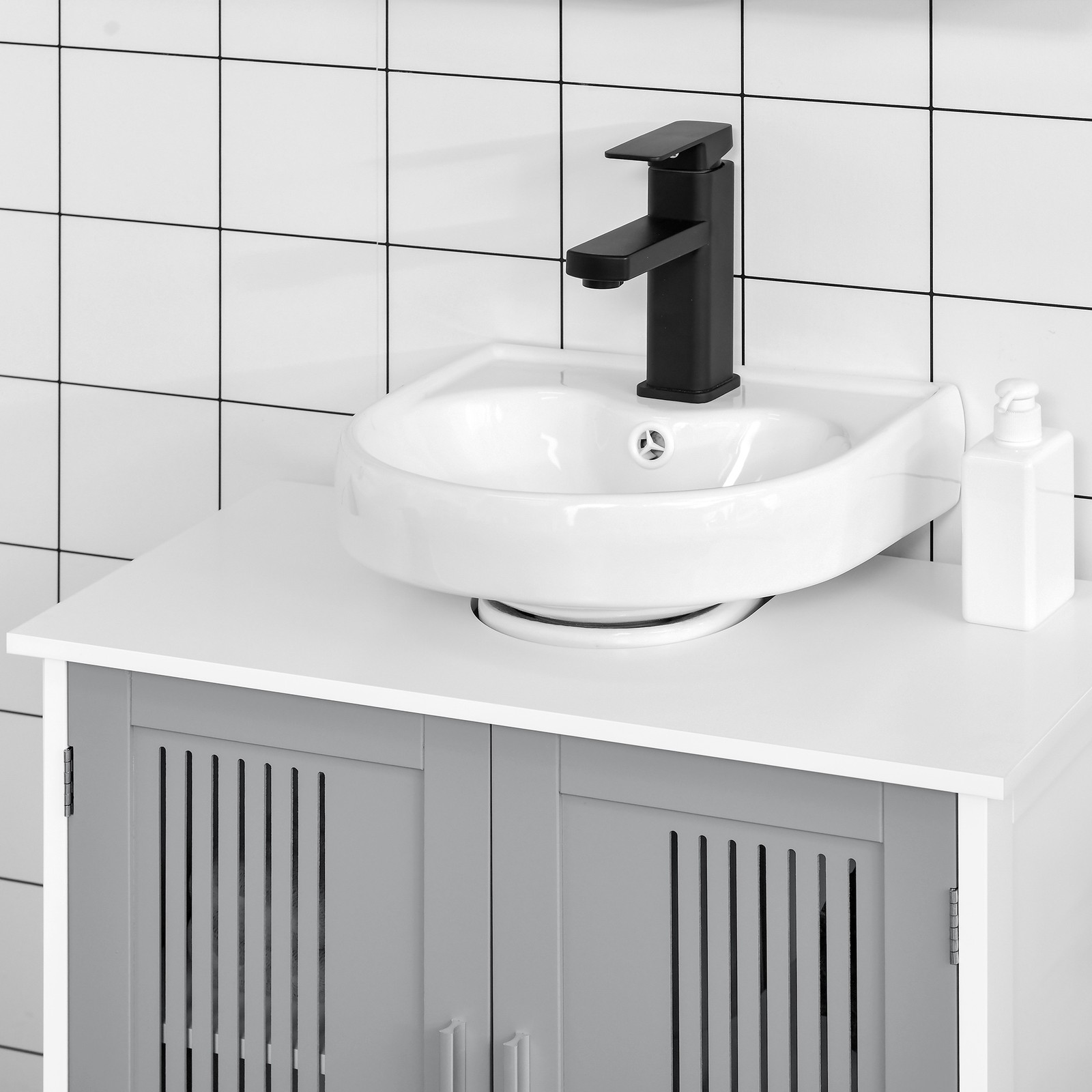Bathroom Pedestal Under Sink Cabinet with Storage Shelf, Grey White