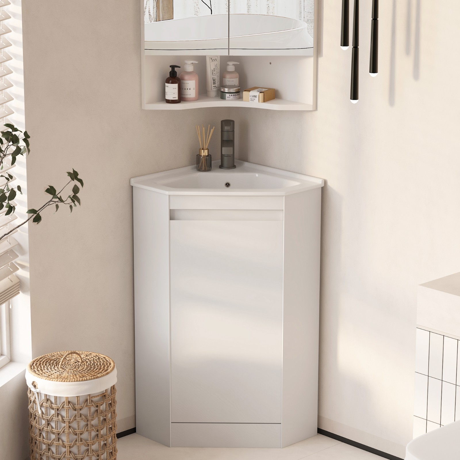 24″ Corner Bathroom Vanity Sink Combo for Small Space Freestanding Sink Cabinet