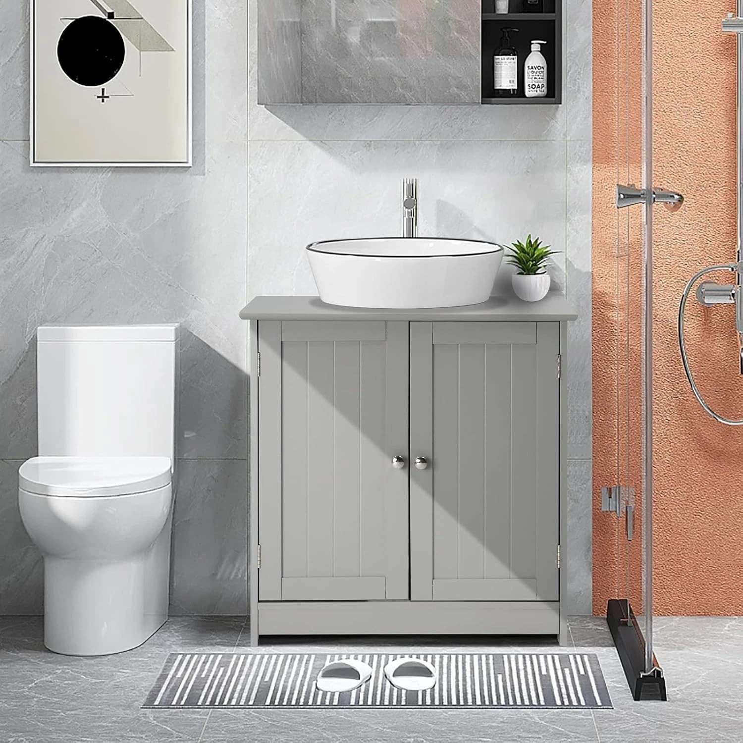 Durable Freestanding Under Sink Cabinet with Adjustable Shelf – Grey Finish