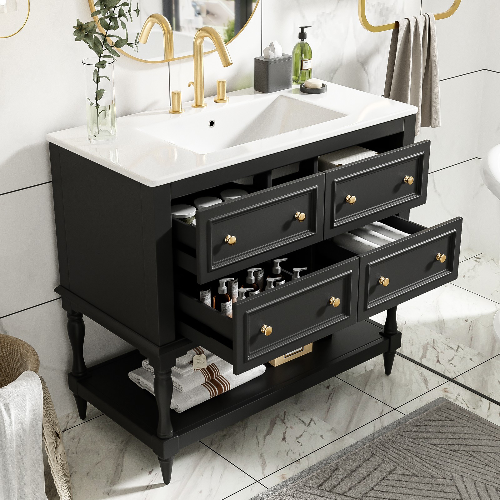 36″ Bathroom Vanity Cabinet with Sink Combo Set, 4 Drawers, Black