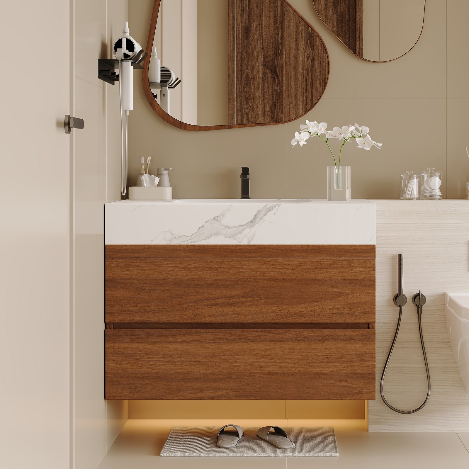 Floating Bathroom Vanity with Faux Marble Top and Ceramic Undermount Sink 29.9″