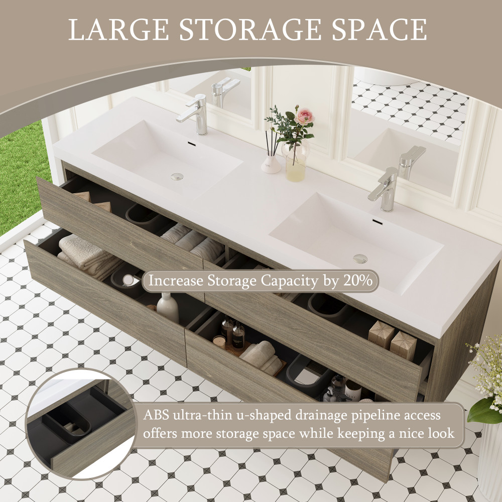72” Wall Mount Bathroom Vanity with 2 Sinks, Solid Surface Top, Ash Gray