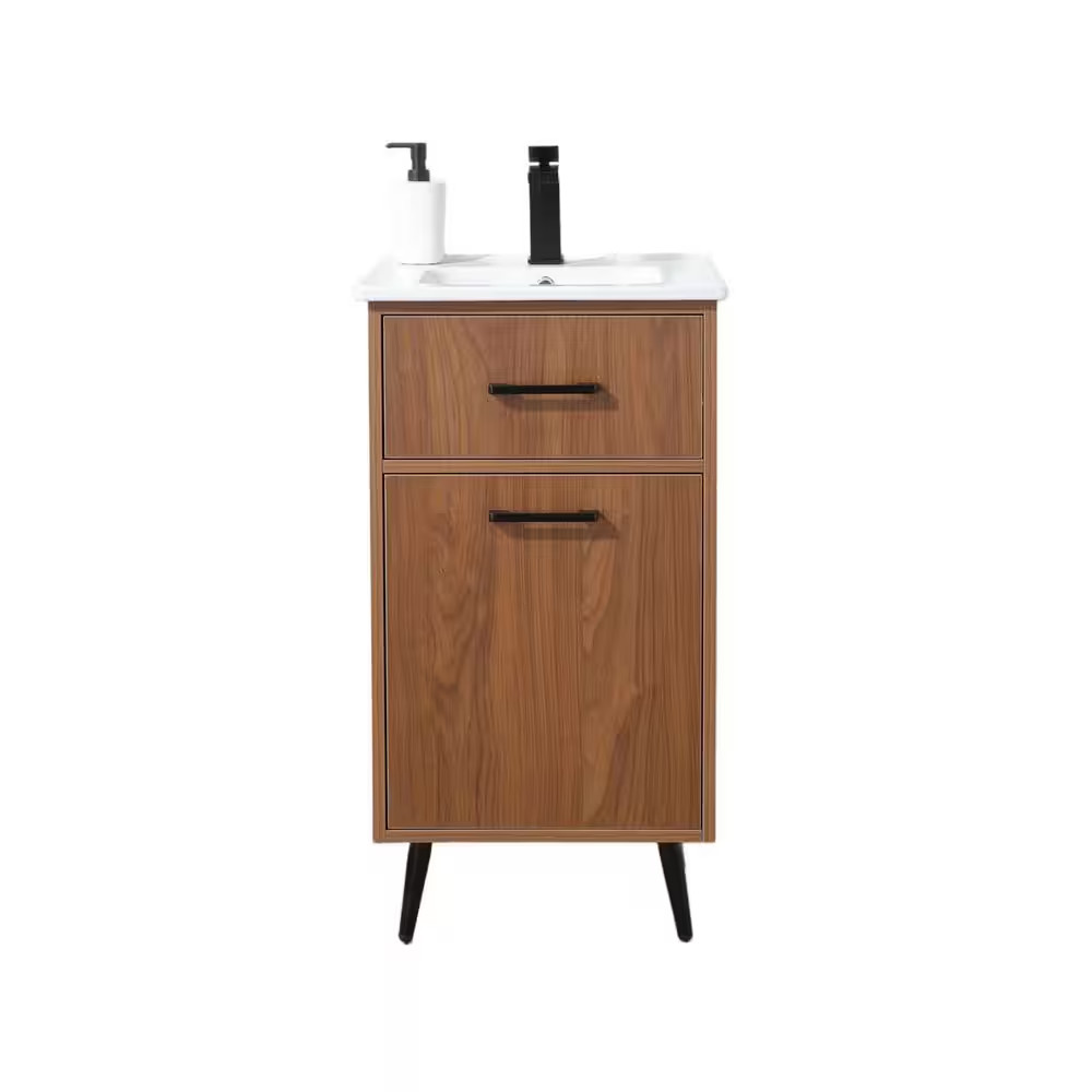 18 In. W X 17 In. D X 34 In. H Modern Brown Bath Vanity with Single White Cerami