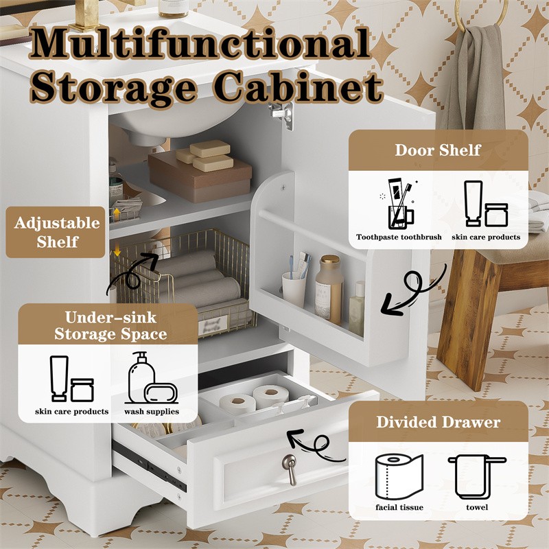 20 In Modern Bathroom Vanity with Ceramic Sink,Soft Close Door,Adjustable Shelf