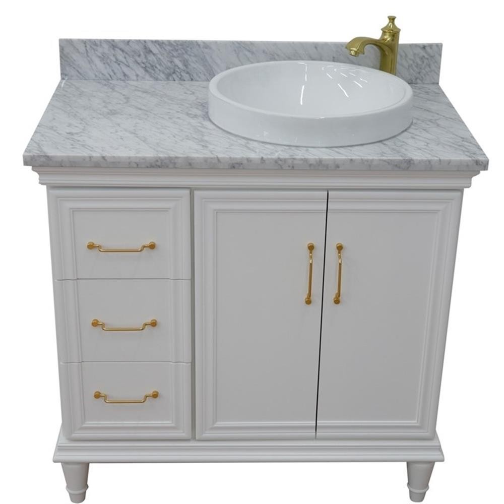 37 in. Single Wooden Vanity White White Carrara Round Right Door.Right Sink
