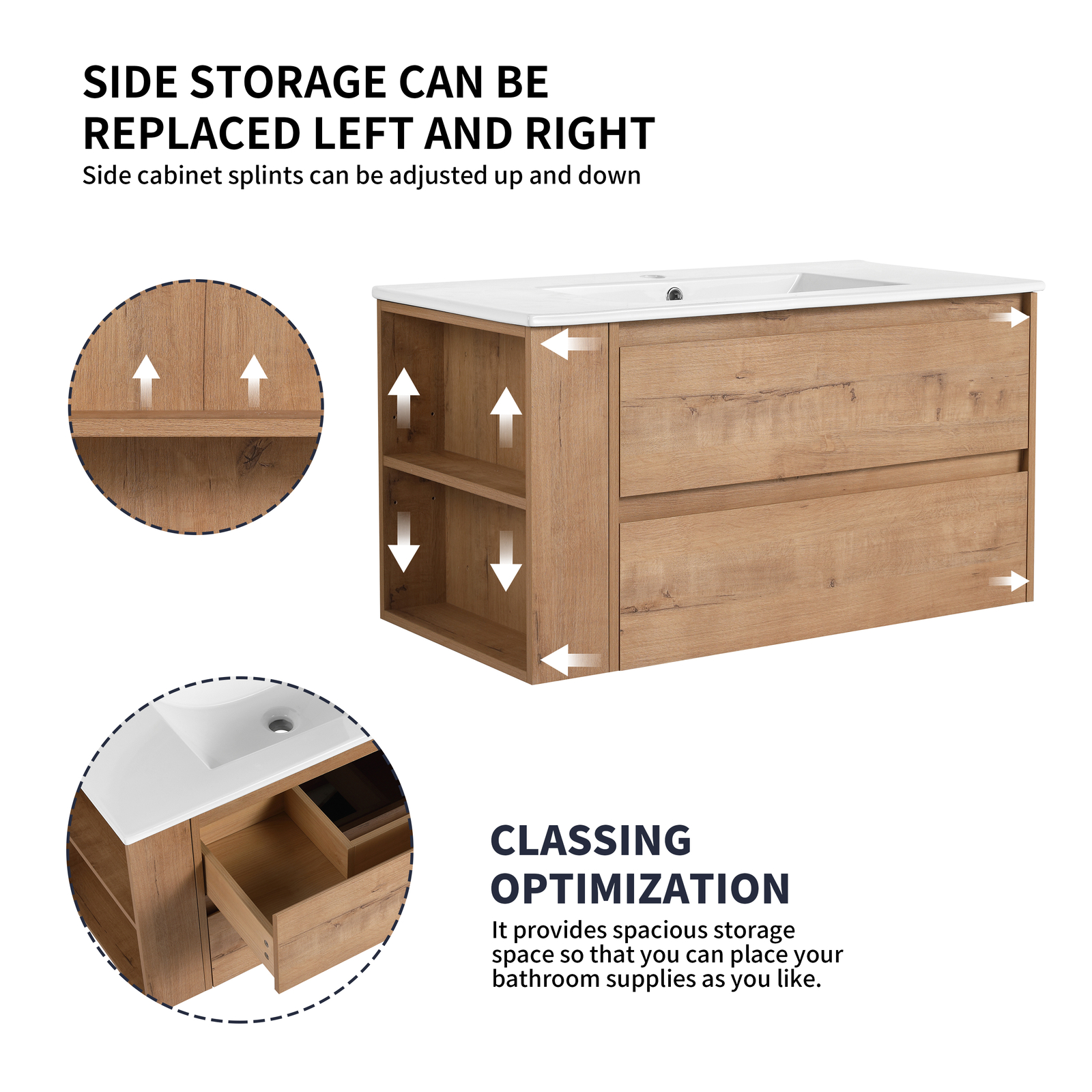 36inch Wooden Floating Wall Mounted Bathroom Vanity W/ Side Shelf Ceramic Sink