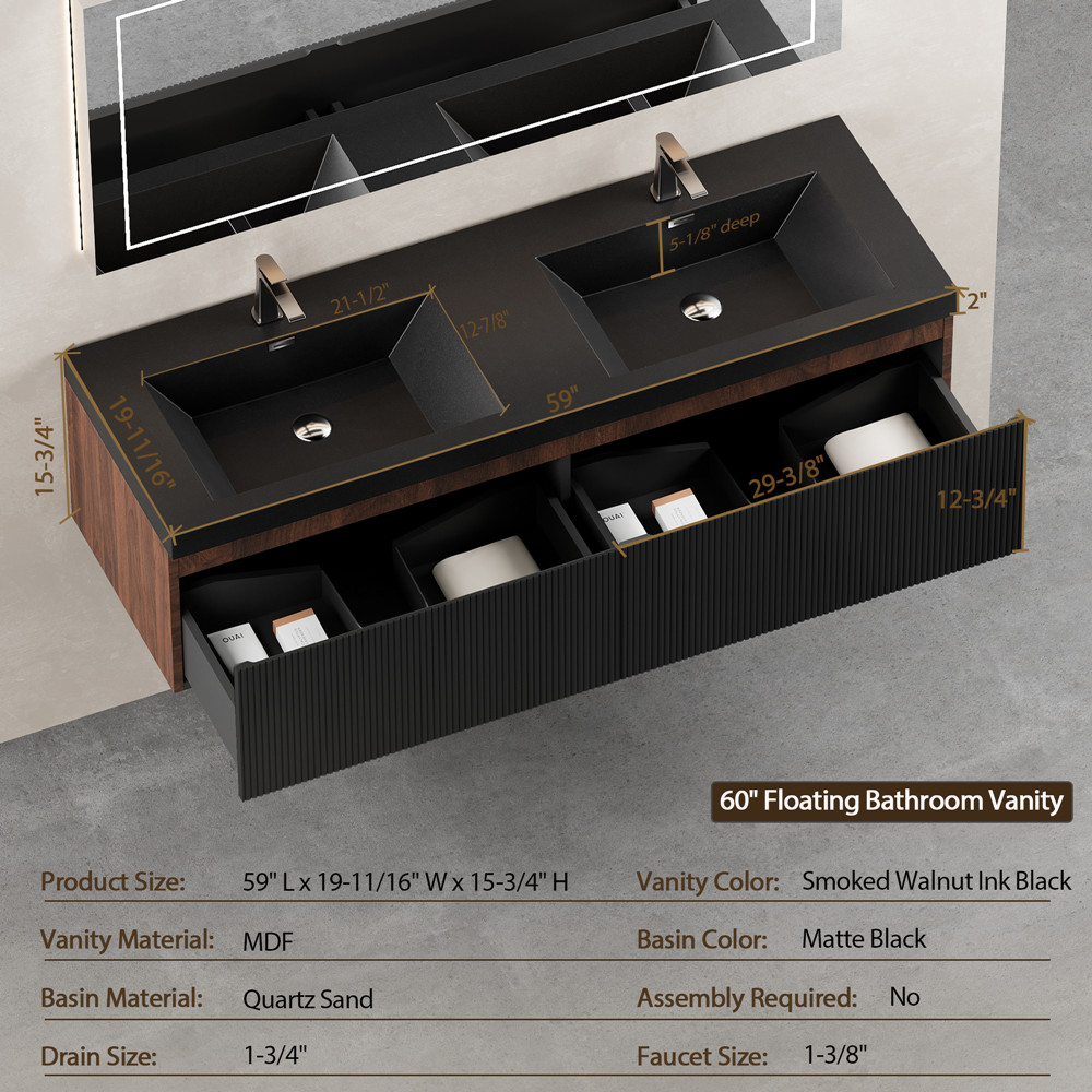 60″ Wall Mounted Bathroom Vanity w/Double Sink,2 Drawers,Floating Vanity Cabinet