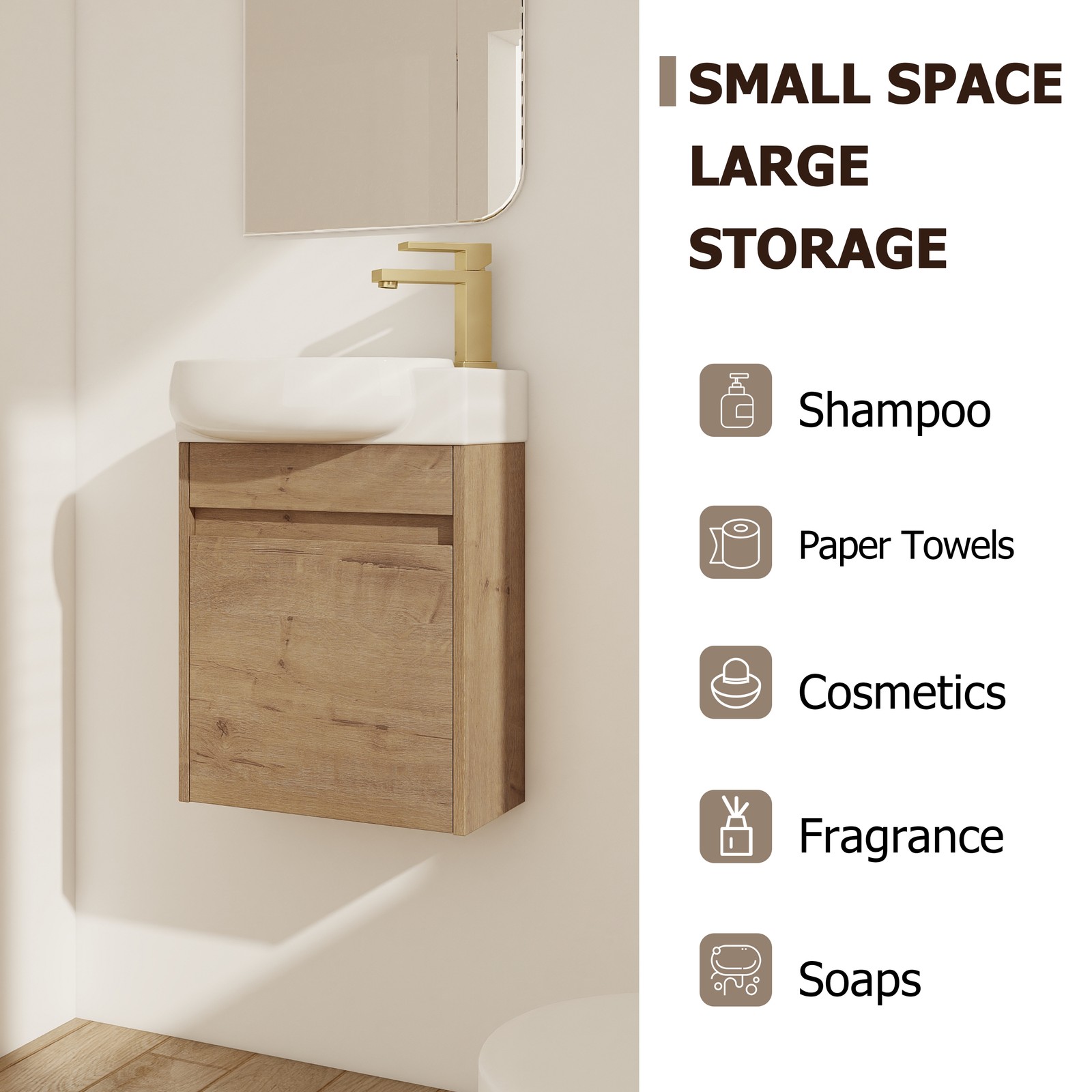 16Inch Wall Mounted Bathroom Vanity With Ceramic Sink Basin W/ Storage Rack Oak