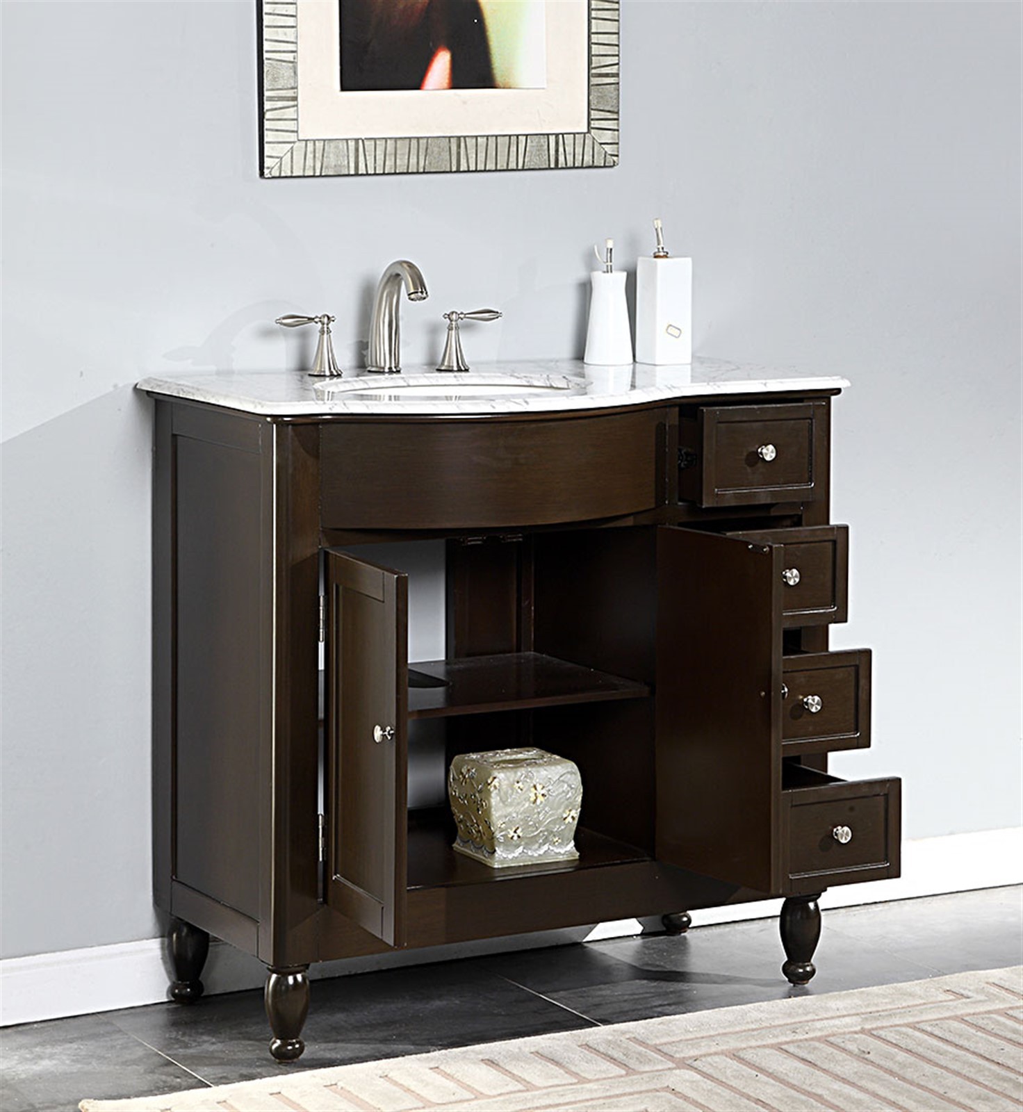 36″ Off Center Bathroom Vanity White Marble Top (Left) Sink Cabinet GD902L