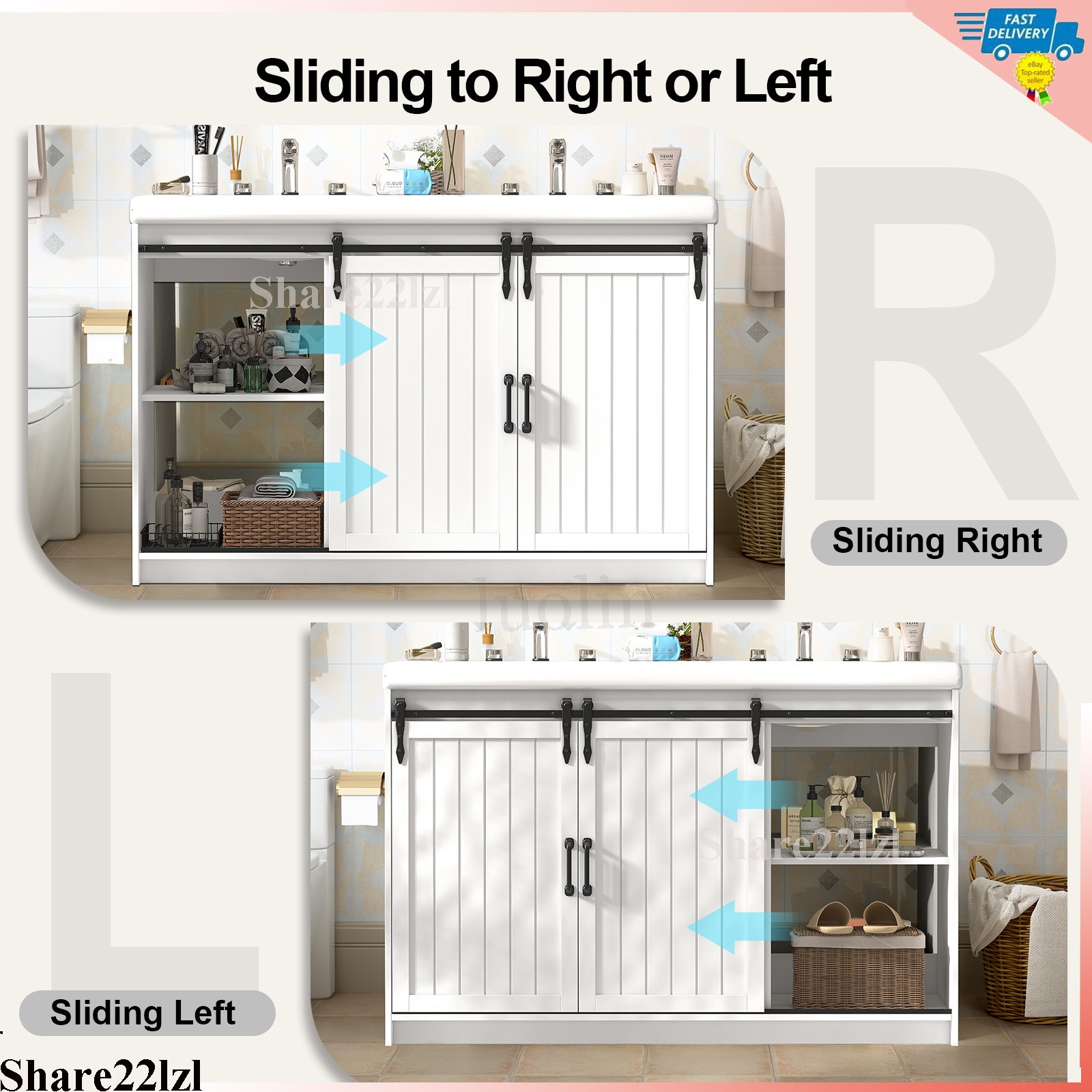 47″ Bathroom Vanity Cabinet, Double Ceramic Sink, 2 Drawers, 2 Sliding Doors