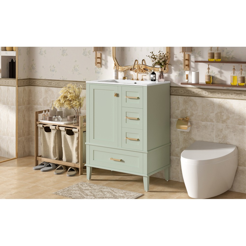 24.8″ Solid Wood MDF Bath Vanity Ceramic Sink Soft Close Door 3 Drawers Storage