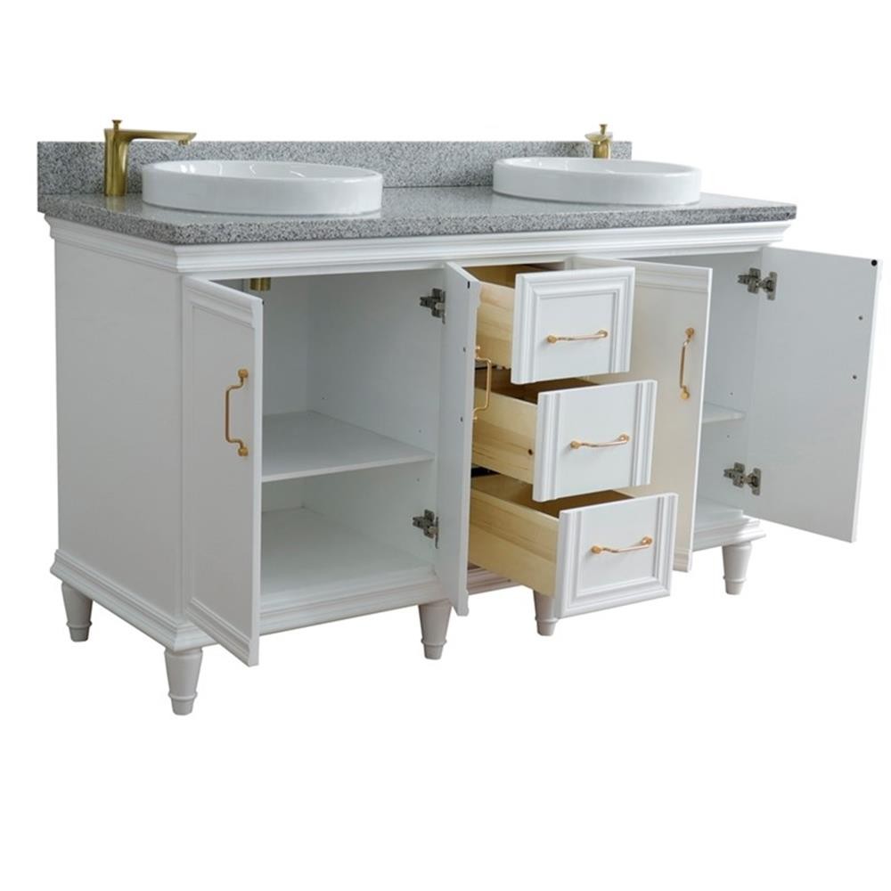 61 in. Double Wooden Vanity White Gray Granite Round Sink