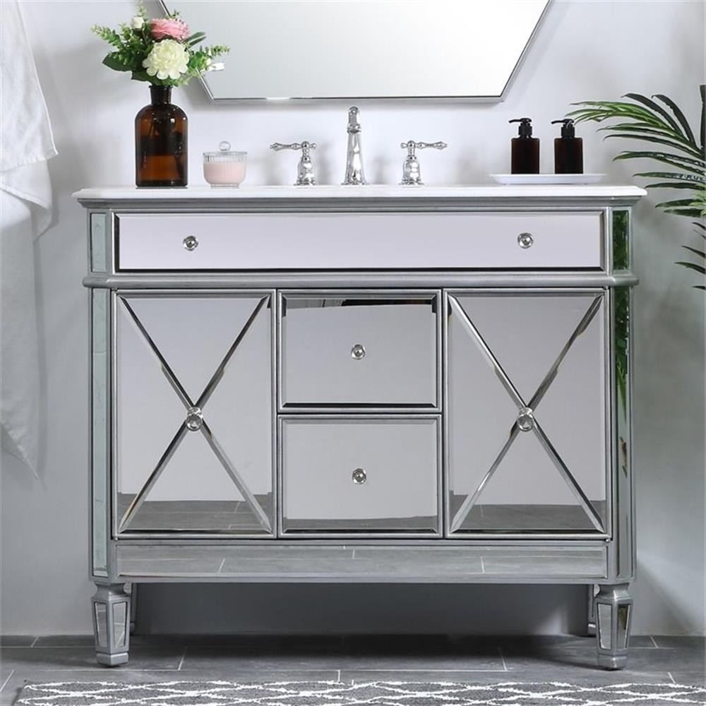 Elegant Decor Camille 42″ Single Marble Top Mirrored Bathroom Vanity in Silver
