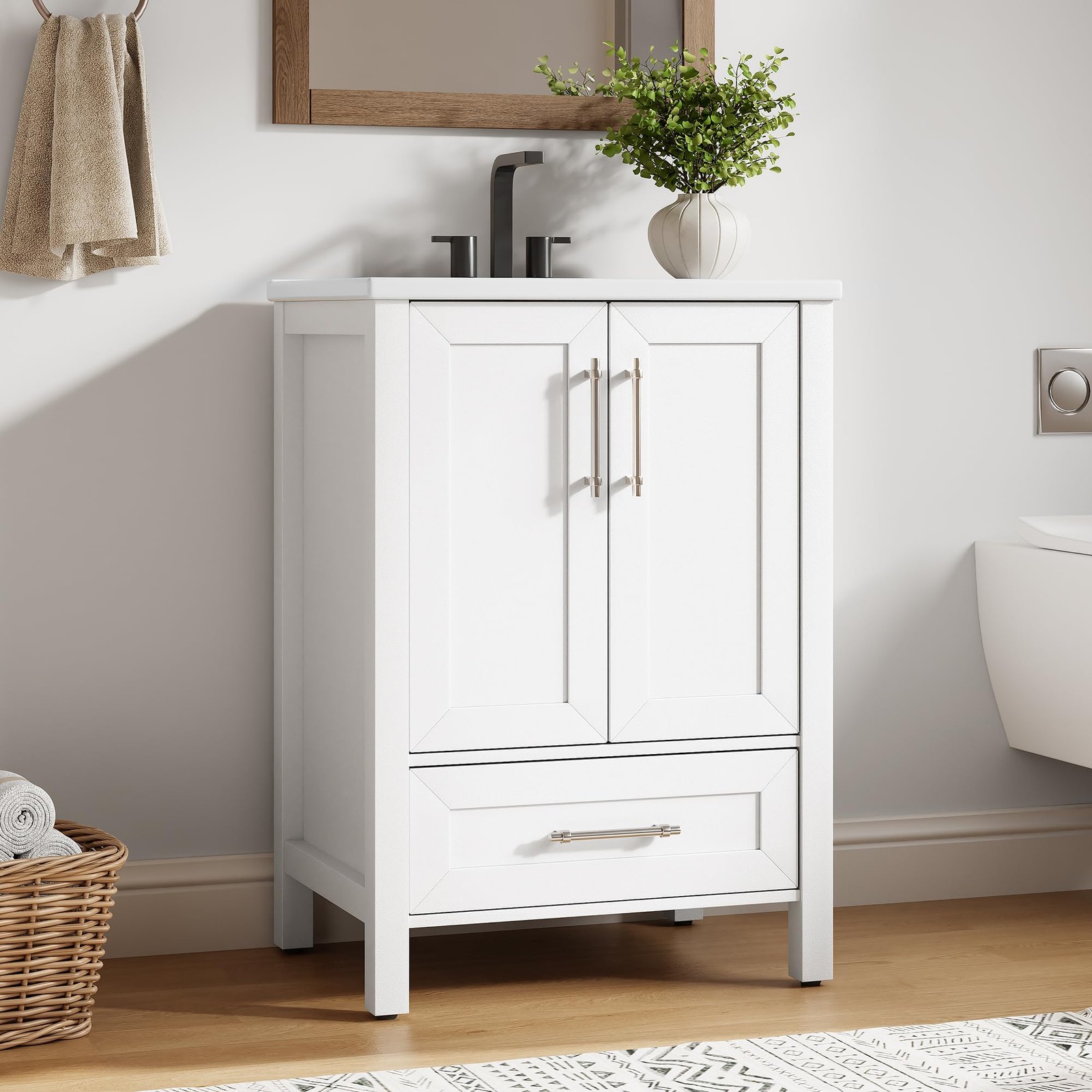 Farmhouse Bathroom Sink Cabinet Freestanding, Storage Vanity w/ Soft-Close Door