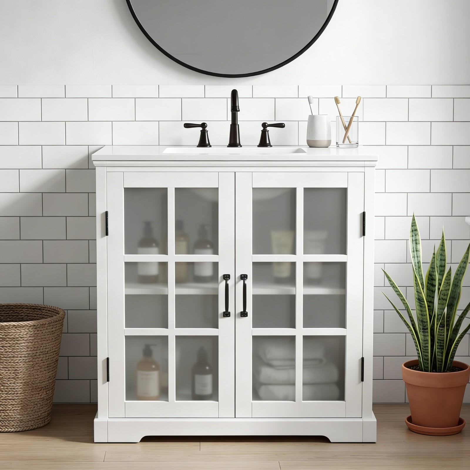 30″Bathroom Vanity with Ceramic Sink and Tempered Blurred Glass & Matte Handles