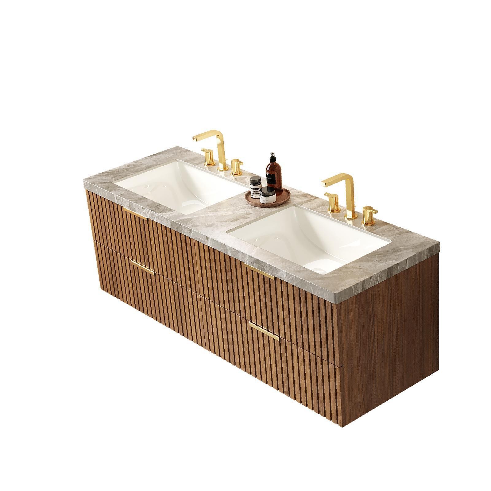 60-Inch Bathroom Vanity with Double Basins, Wall-Mounted Storage Cabinet,