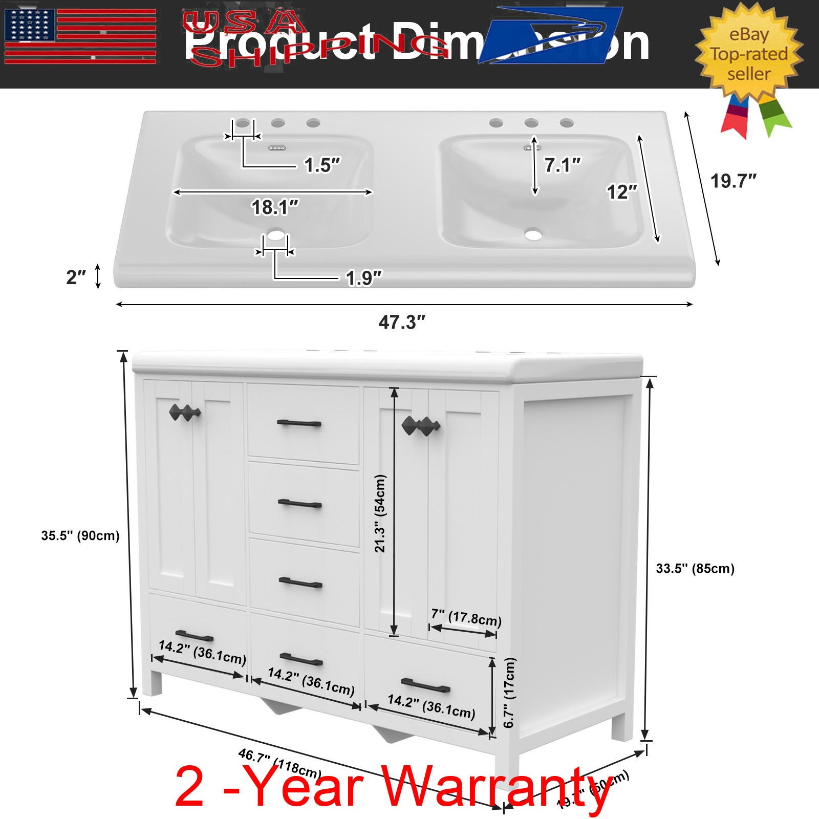 47.3″ Bathroom Vanity w/ Double Sink Freestanding Bath Vanity Cabinet Drawer New