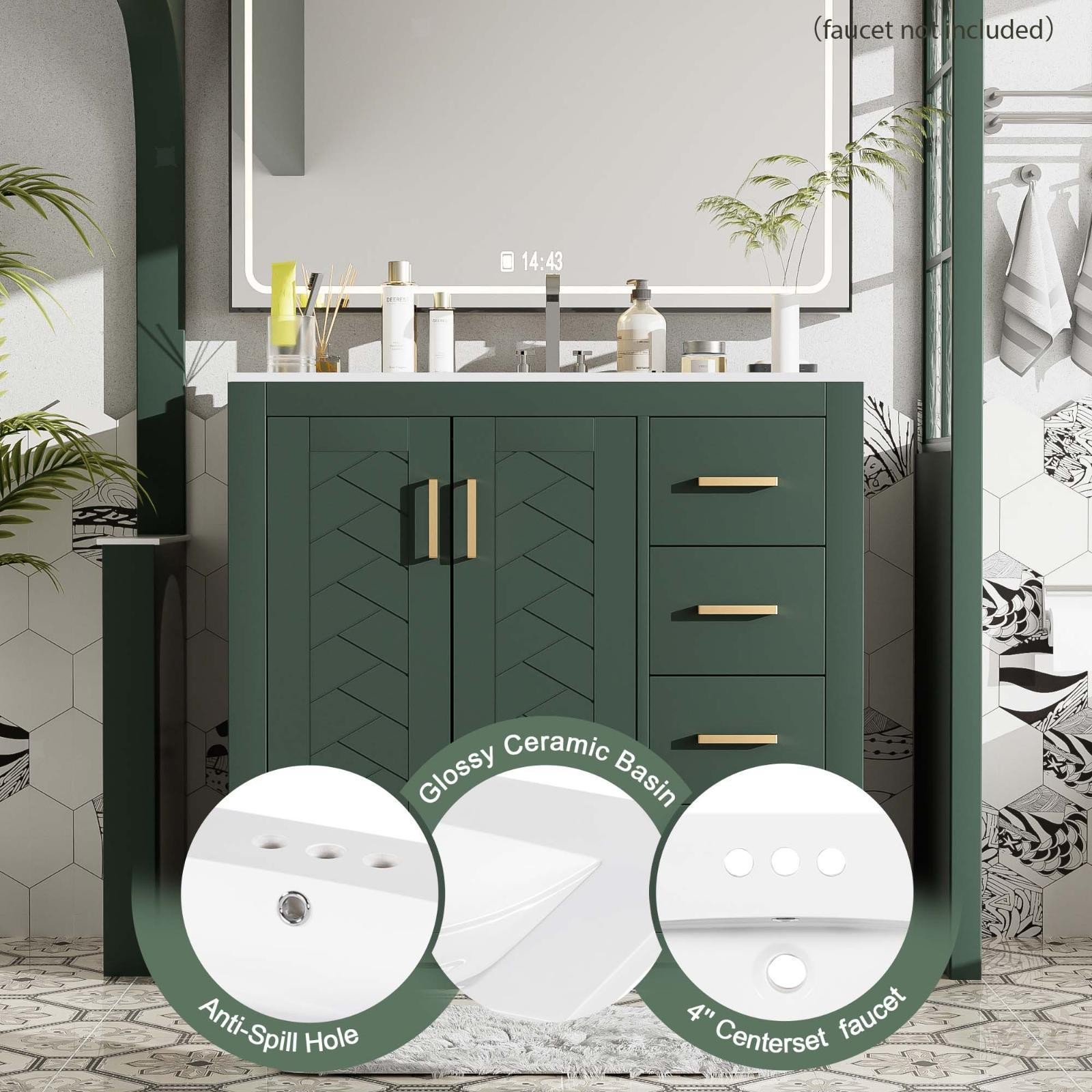 36” Bathroom Vanity with Ceramic Sink, Solid Wood Frame, Freestanding