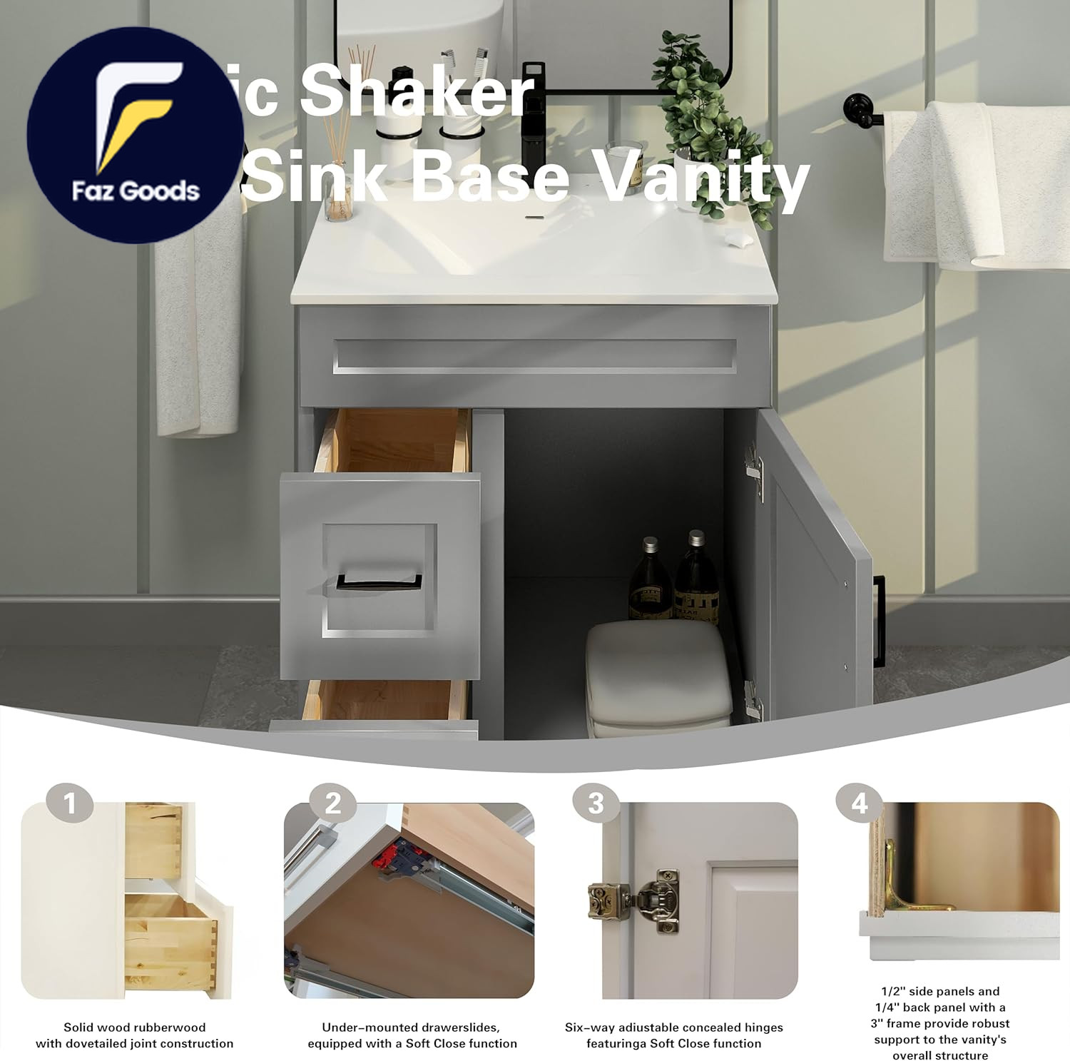 30″ Sink Base Bathroom Vanity with Drawer Light Grey Shaker