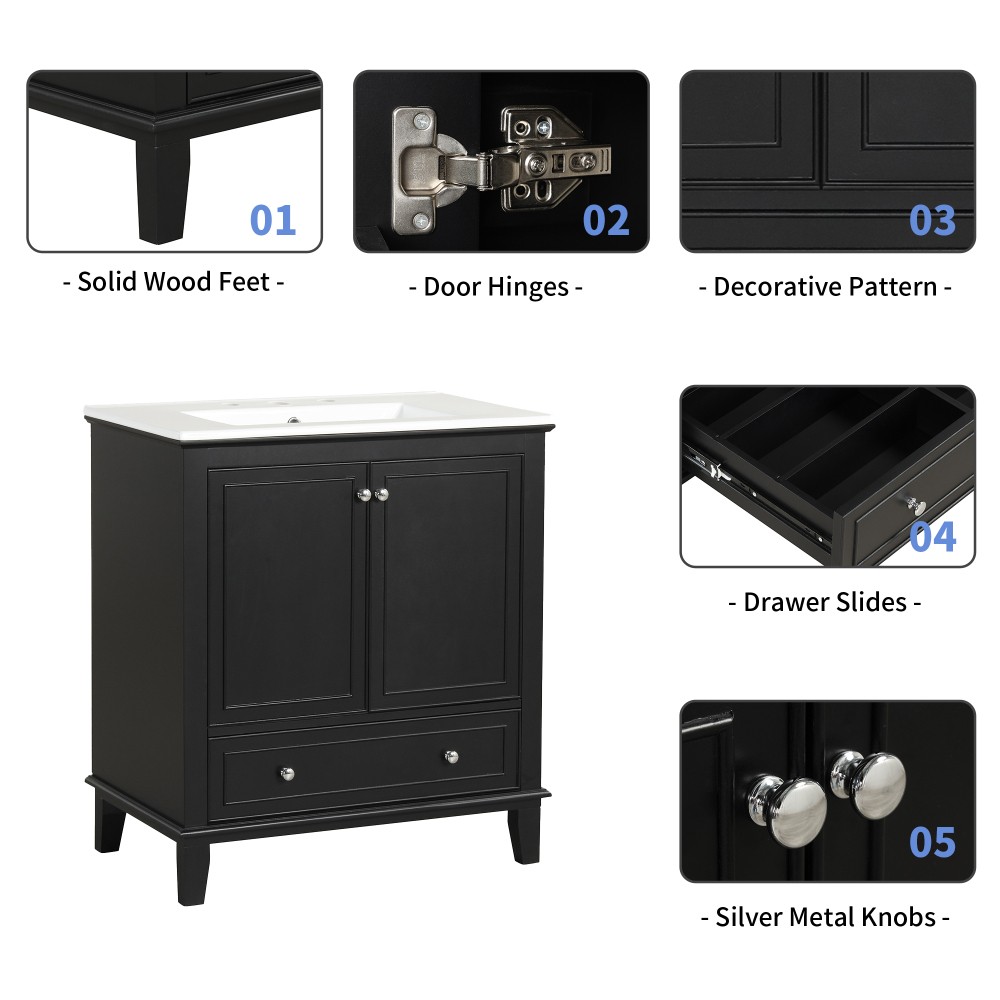 30 Inch Black Bathroom Vanity with Sink Combo Solid Wood MDF Bathroom Cabinet