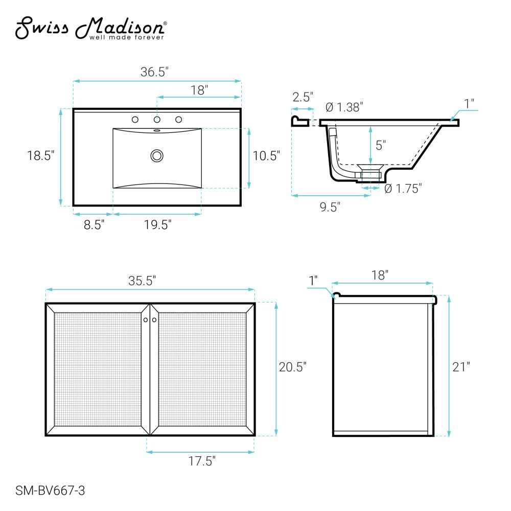 Swiss Madison SM-BV667-3 Classe 36″ – Golden Oak / White