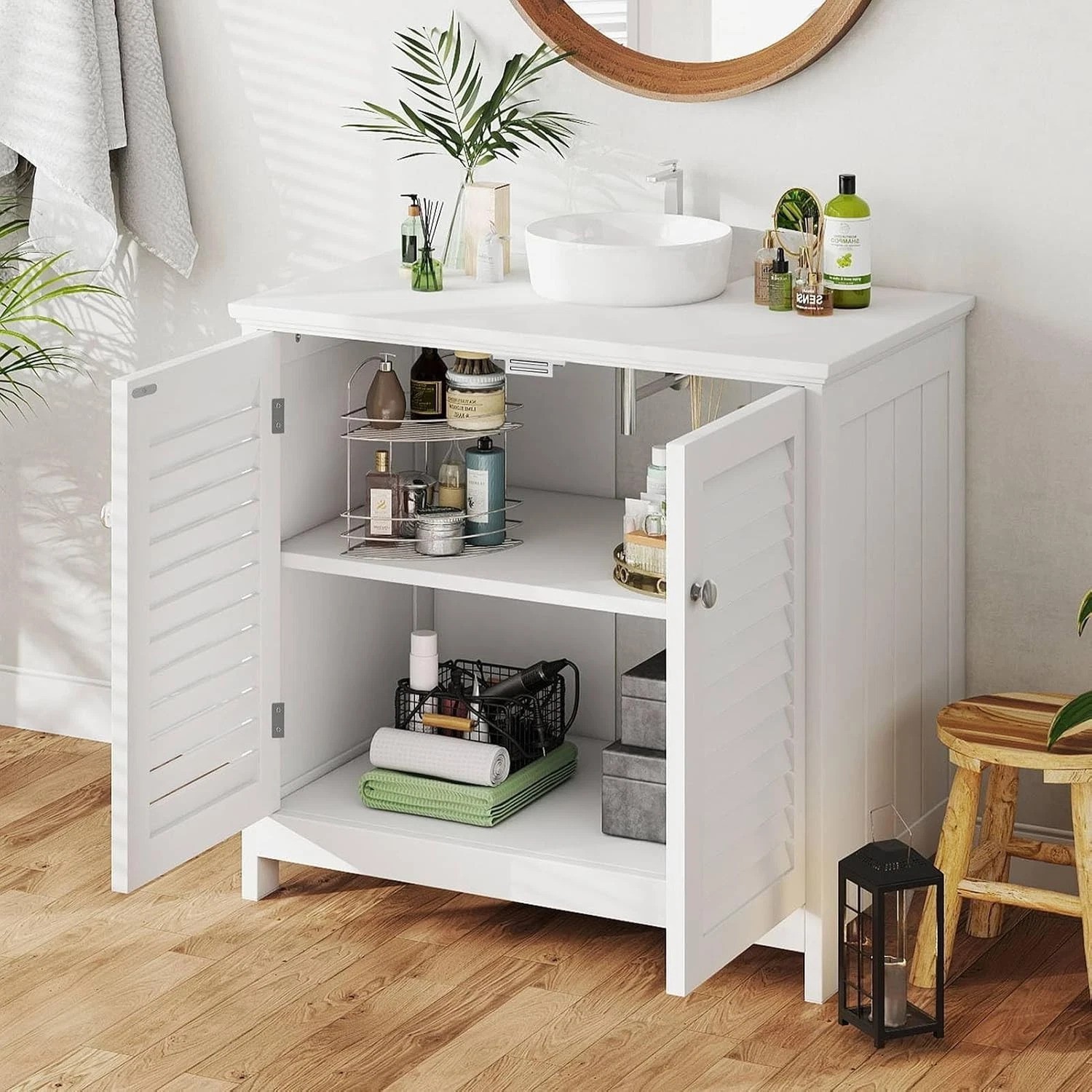 Elegant Under Sink Cabinet in White – U-Shaped Freestanding Storage Solution