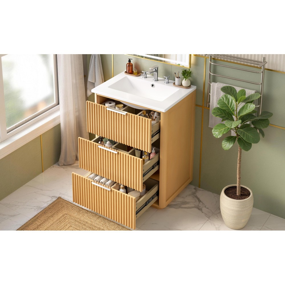 24 inch Modern Luxury Bathroom Vanity with Ceramic Sink, Open Shelf and Storage