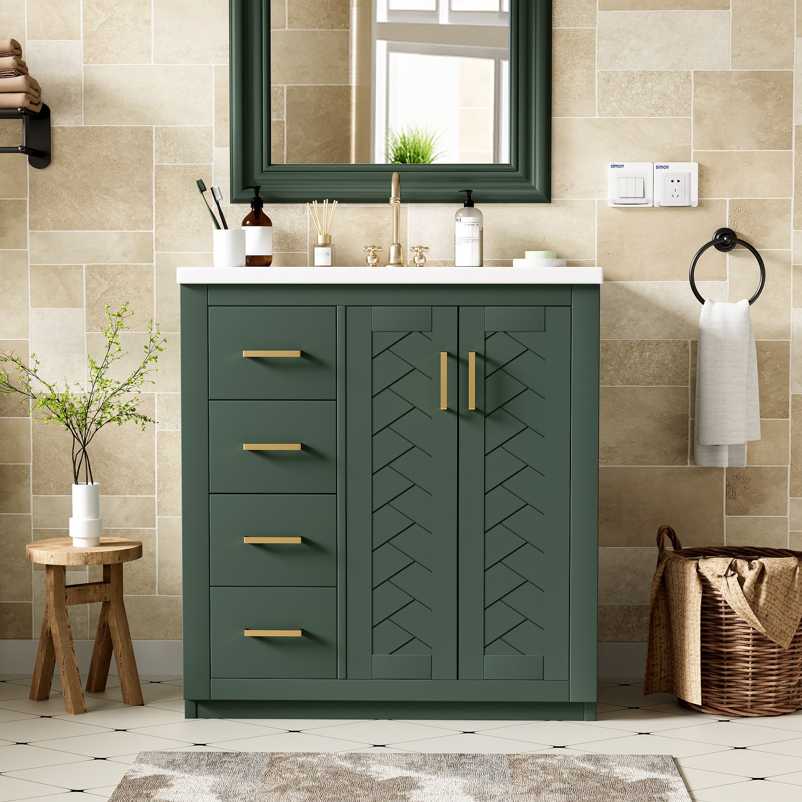 30″ Bathroom Vanity w/Ceramic Sink, 3 Drawers, Freestanding Bath Vanity Cabinet