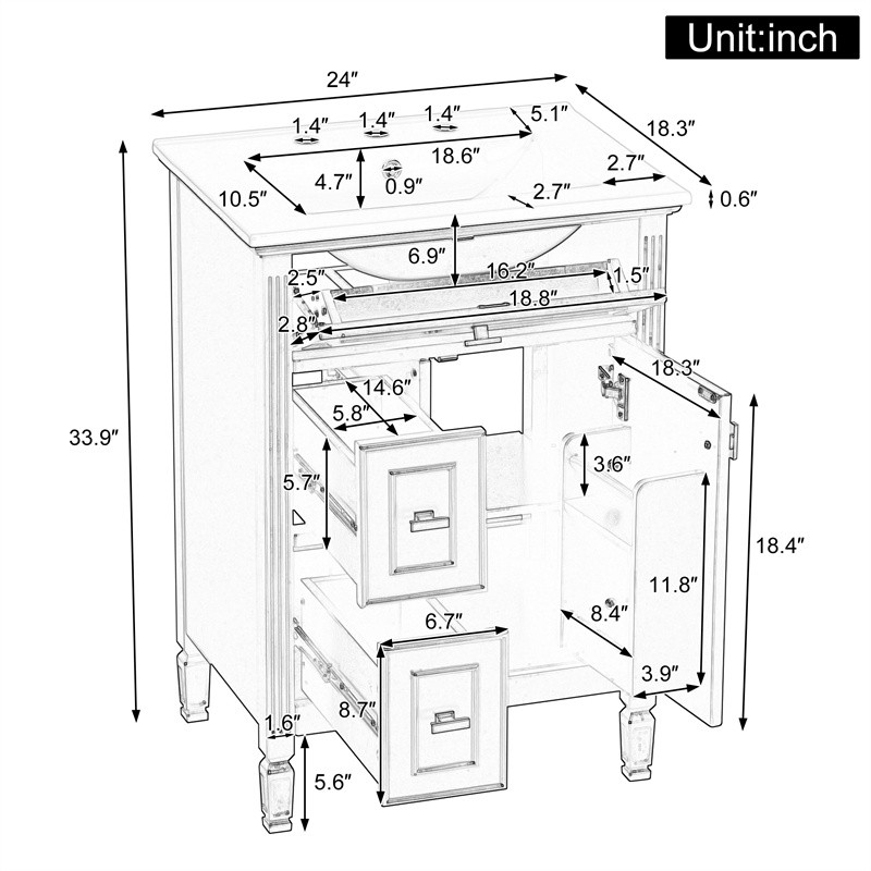 24-In Modern Bathroom Vanity with Ceramic Sink,Green Wood Cabinet with 3 Drawers