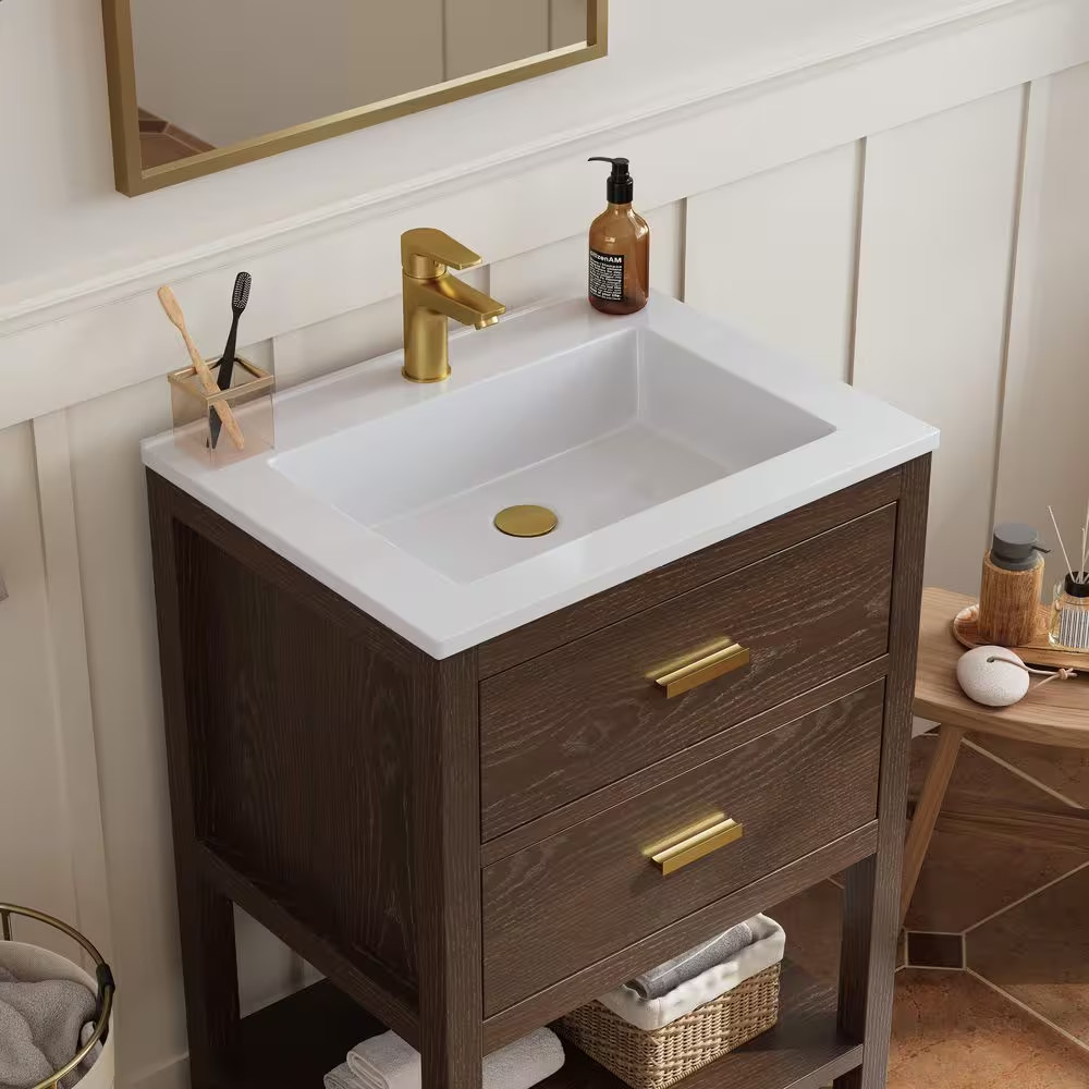 Magen 25 In. Single Sink Bath Vanity in Walnut with White Engineered Solid Surfa