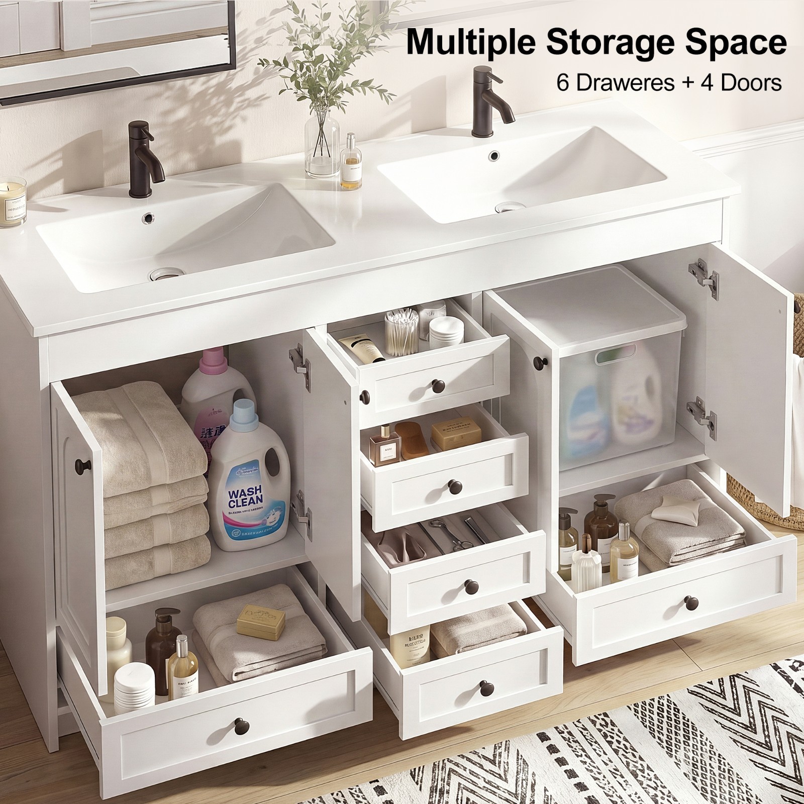 Double Sink Bathroom Vanity Cabinet Freestanding White Bathroom Storage Vanity