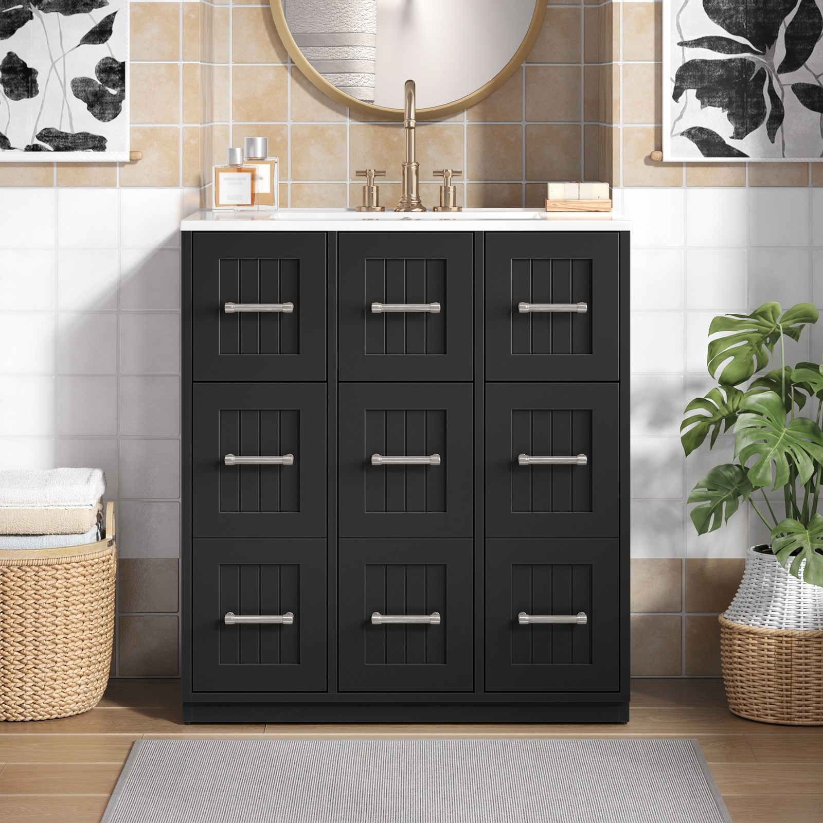30inch Bathroom Vanity w/Undermount Sink & Drawers Modern Bathroom Cabinet Black